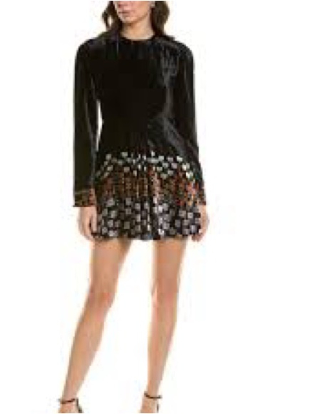 Valentino- Velvet Long-Sleeve Mini Dress with shinning Embellished Skirt - Black